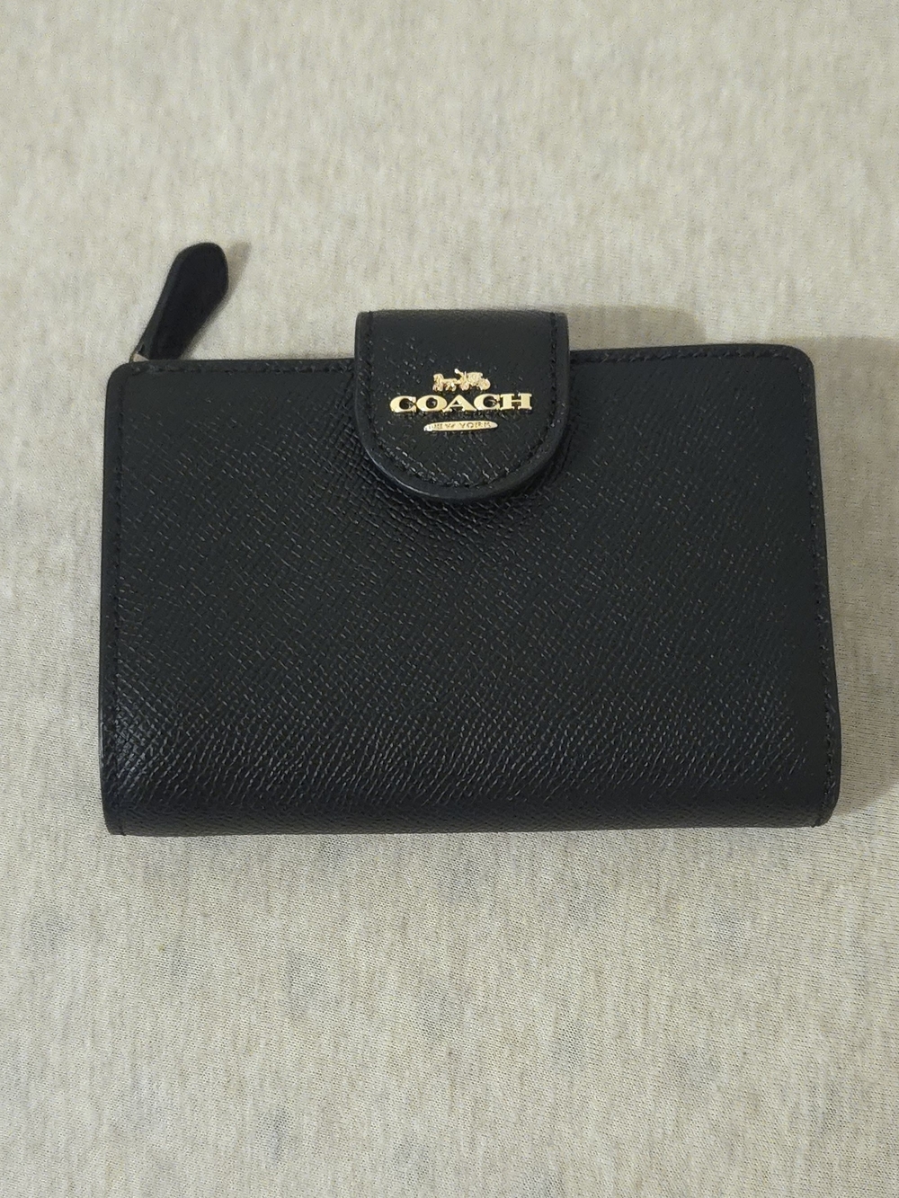 Coach Black Leather Compact Wallet with Gold Logo